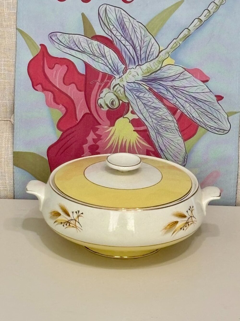 Mid Century "Autumn Gold"/Wheat Yellow/Cream Gold Trimmed Bowl 10”W (Unstamped)